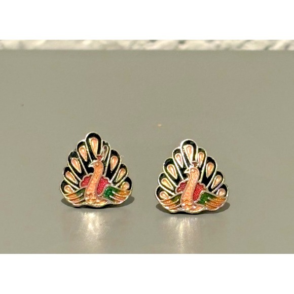 The Unbranded Brand Jewelry - Vintage Cloisonné Peacock Bird Stud Earrings, 1/2 Inch, Used